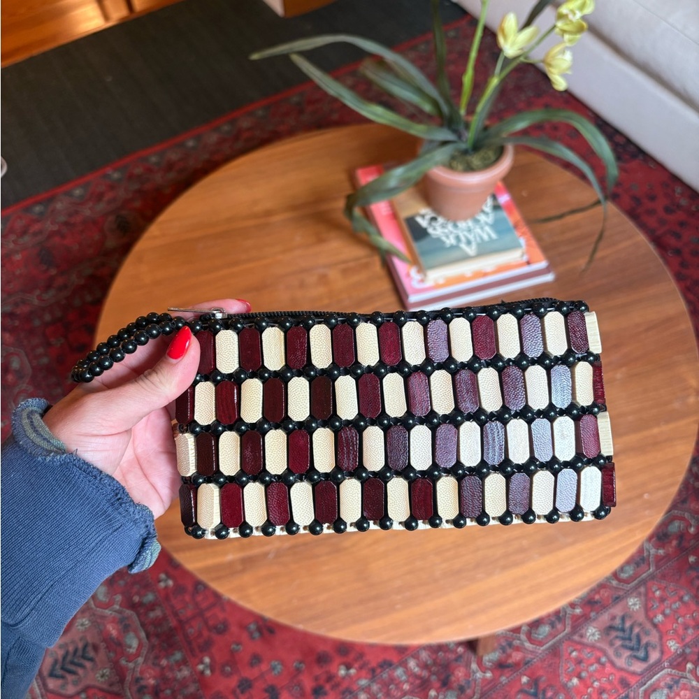 Wooden Beaded Clutch with Black, Red, Tan Design